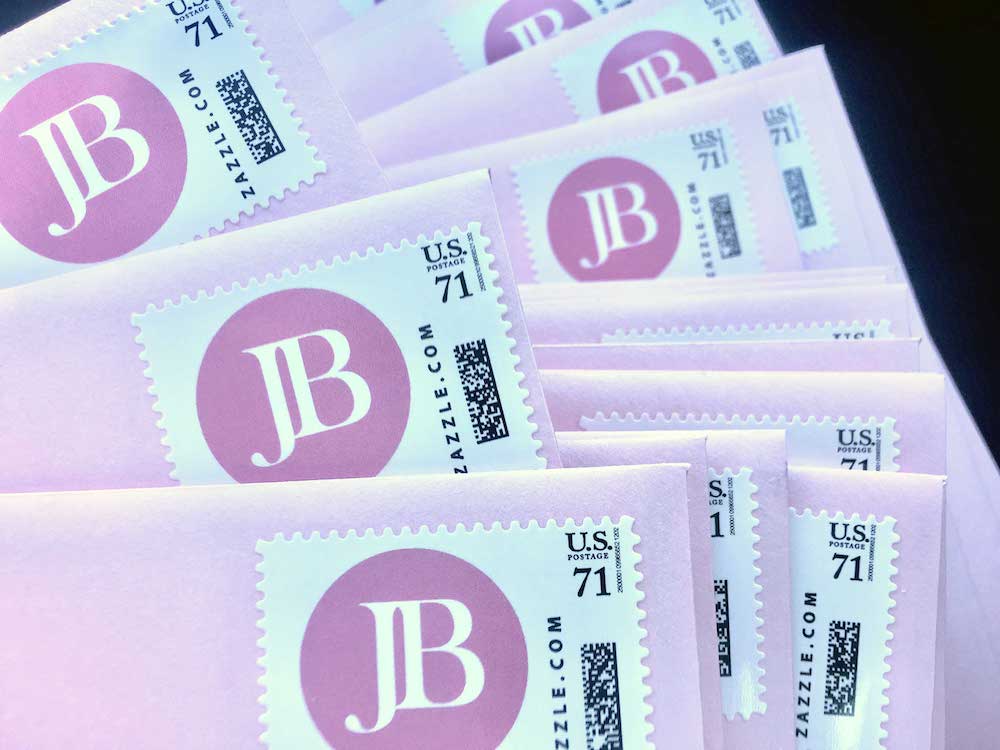 Sample custom postage with initials "JB"